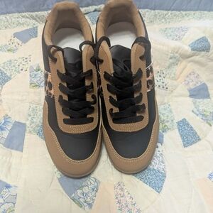 Black and Tan Women's Sneakers with Leopard Accent